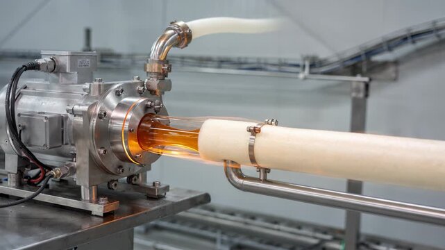 Medium shot of a positive displacement pump precisely moving hotmelt adhesive through insulated heated hoses in an industrial setting with controlled temperature