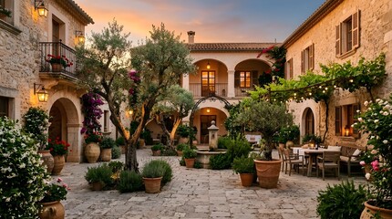 Fototapeta premium Exquisite Mediterranean Stone Villa Courtyard and Patio Formal Al Fresco Dining Area with Wooden Table Pergola Covered Ivy Vine Olive Trees Central Water Fountain Beautiful Garden Estate Sunset 