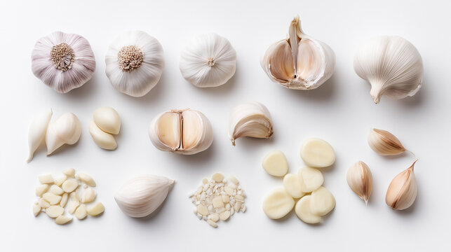 Fresh Garlic Variety Collection on White Background, Peeled Cloves, Whole Bulbs, Sliced Garlic, Organic Healthy Cooking Ingredient, Natural Seasoning, Clean Culinary Set, Minimal F