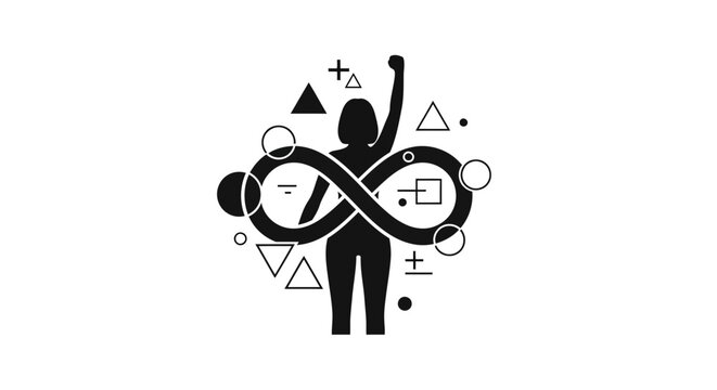 Abstract illustration of a female silhouette with an infinity symbol and geometric shapes.