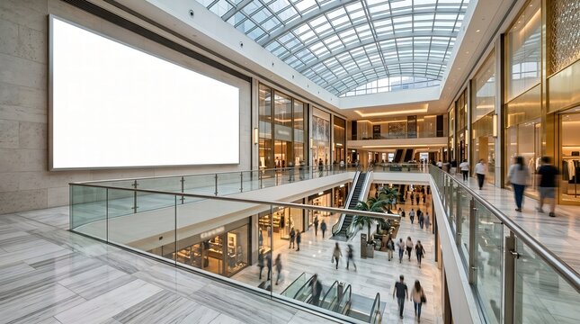 A large blank billboard hangs on the wall of a busy interior shopping mall with a glass ceiling and people walking around.