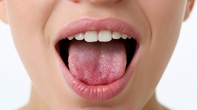 Closeup of an open mouth showcasing a visibly irritated tongue with detailed glossitis smooth skin texture softly lit in symmetrical framing on a bright white background