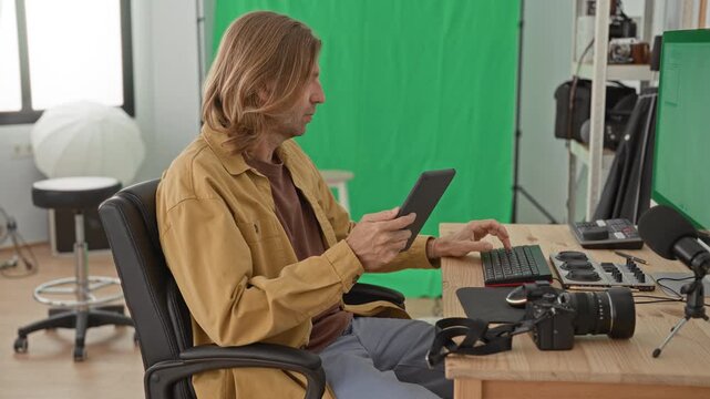 Man holds tablet while typing on keyboard at desk with dslr camera, microphone, monitor and green screen studio equipment; creative focus.