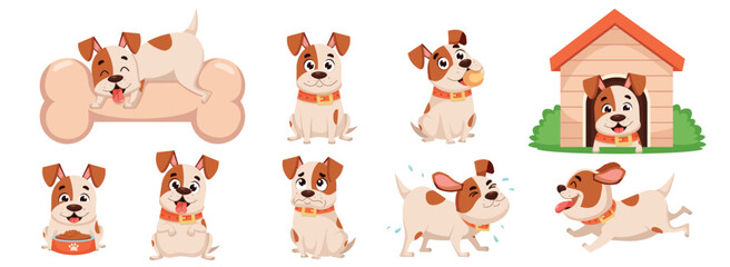 Fototapeta premium Set of cute cartoon dog characters in different poses and actions. Vector illustration of a funny puppy sitting, running, sleeping, eating, playing with a ball, shaking, and resting in a kennel