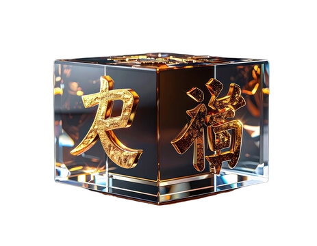 A translucent cube featuring golden Chinese characters on a black background.