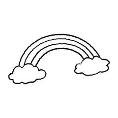 Fototapeta premium Black outline doodle of a rainbow arch connecting two fluffy white cartoon clouds.