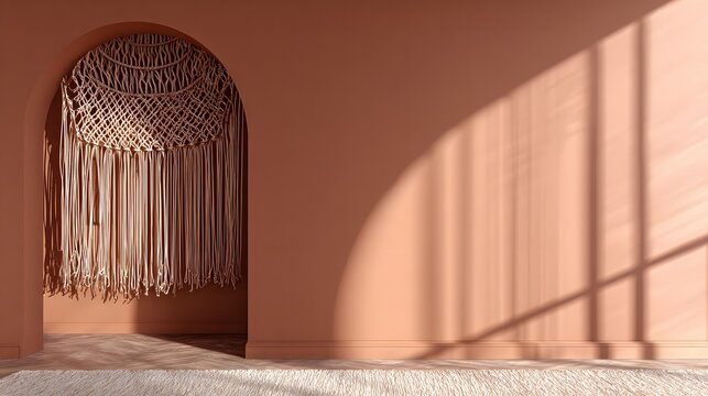 Minimalist terracotta wall backdrop with soft shadows and macrame texture