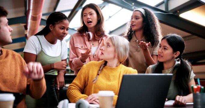 Discussion, students and people with laptop on campus, task delegation and planning for group project. Research, tech and friends with brainstorming for college assignment, teamwork and education