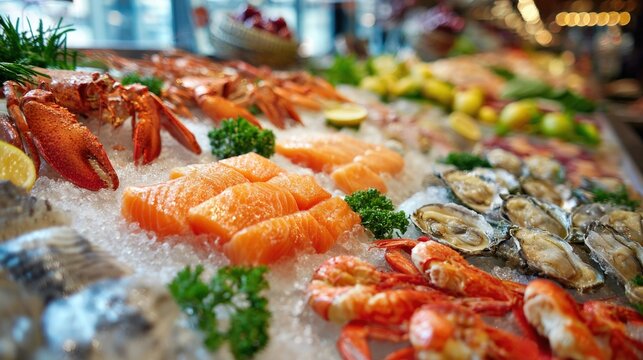 Seafood platter with lobster salmon oysters shrimp