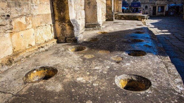 indentations. Empty ancient market square with stone steps showing indentations where a pillory once stood. event programs, museum guides, designed for cultural heritage projects and event programs.