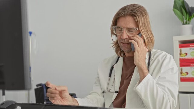Man doctor with stethoscope and glasses talking on smartphone, gesturing with hand at computer in medical office building; telemedicine concern.