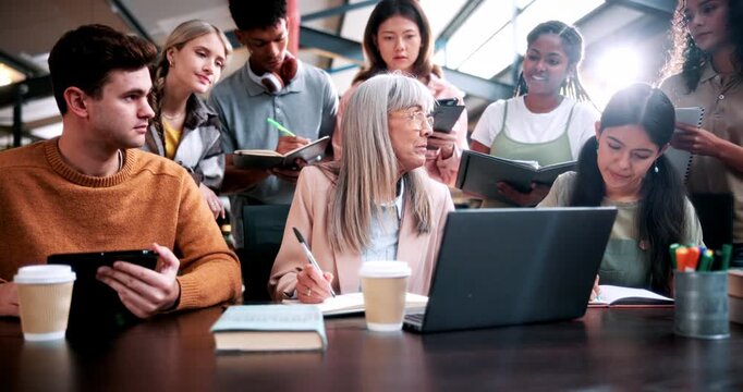 Teacher, students or writing in notebook on campus, education, help or explain project for knowledge. Teaching, lecturer or people with tech for college assignment, course support or tips for essay