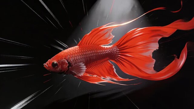 Revealing red ornate fish by spotlight gliding in dark studio for cinematic look, ribbons rippling