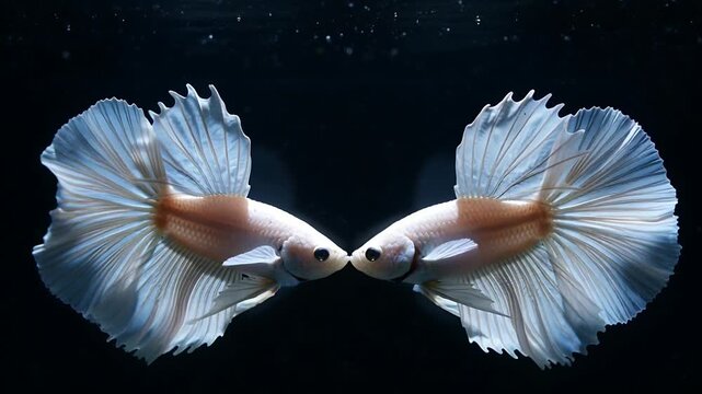 Nose-to-nose two pale Betta fish unfurling ruffled fins in dark glass aquarium bubbles drifting