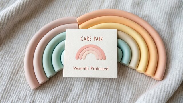 Colorful pastel rainbow toys with a card that says Care Pair showcasing warmth protection for children&rsquo;s playtime and imagination