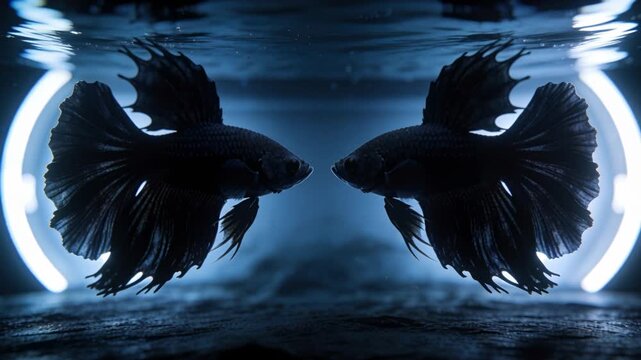 Reacting to glowing ring lights, two dark betta fish fanning fins toward center in tank, signaling