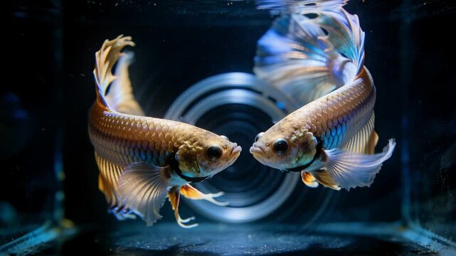 Circling two bettas facing each other, flaring fins, asserting dominance in glass tank, spiral