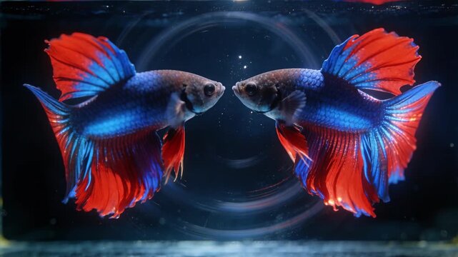 Responding to rising bubble column, two male betta fish leaning forward, flaring fins in aquarium
