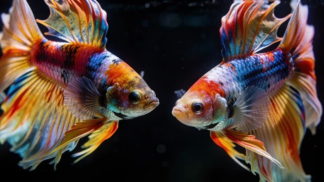 Flaring fins, two colorful betta fish reacting to mutual presence in aquarium, showing scales