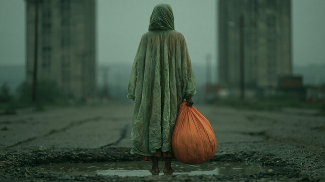 Full-body cinematic portrait from behind of a figure in a translucent green hooded raincoat, holding a large orange plastic bag while standing in a puddle on an old road.