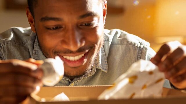 Lifting patterned tissue, denim-clad man extracting to inspect treat from box in kitchen, smiling
