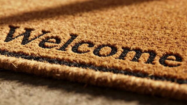 Revealing tan coir doormat with Welcome at door, camera shifting angle, shadow crossing letters
