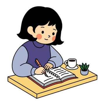 Cute Girl Writing in Notebook at Desk Hand Drawn Kawaii Cartoon Study and Journaling Illustration