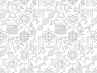 Obraz premium Science Education and Laboratory Research Seamless Pattern with Chemistry Flask Microscope DNA Atom and Telescope Line Art Vector Background for Coloring Book