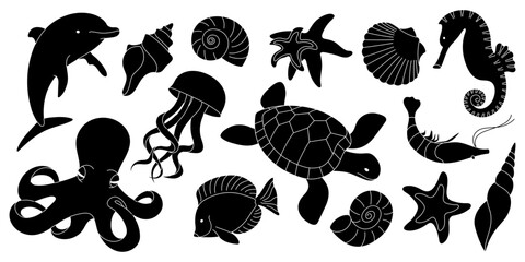 Black and white sea animals and shells vector set. Marine life silhouettes collection. © Panna_Limon