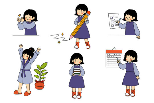 Cute Girl Productivity and Planning Collection Hand Drawn Kawaii Cartoon Daily Activity Illustration Set