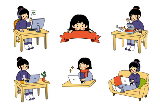 Cute Girl Working and Studying Collection Hand Drawn Kawaii Cartoon Remote Work Illustration Set