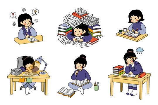 Stressed Student Study Problems Collection Hand Drawn Kawaii Cartoon Academic Struggle Illustration Set