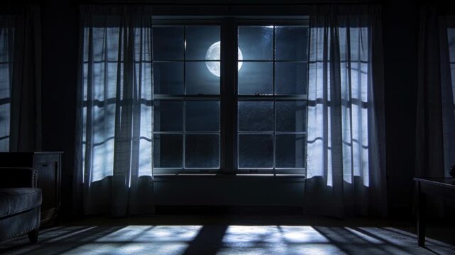 Gentle breeze shifting curtains, casting branch shadows across home floor, window framing full moon
