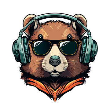A cute marmot'head with deejay attributes and attitude. In a linocut graphic style 