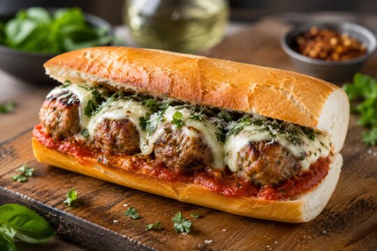 Juicy meatball sub with fresh herbs