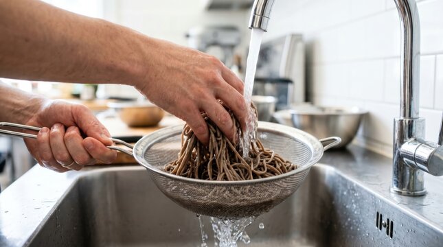 Rinse the boiled buckwheat noodles in water.