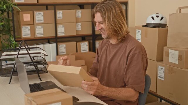 Man holds parcel with hands and types on laptop at desk amid stacked shipping boxes, packing tape and labels in building; focused entrepreneurship.