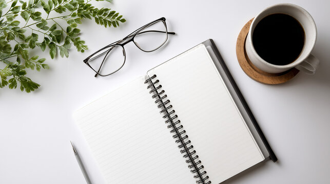Notebook with glasses and pen on office desk with notebook and paper work setup