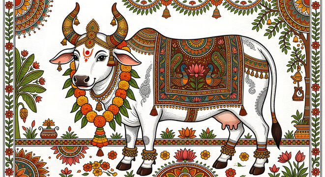 Sacred White Cow Gomata Traditional Indian Temple Wall Painting on Saffron Orange Background with Mandala and Lotus, Hindu Folk Art Mural