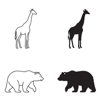 Giraffe and bear outline and silhouette comparison in 2x2 grid highlighting contrast between white outline and solid black form