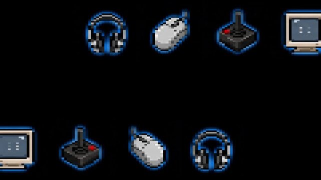 Retro pixel art animated gaming items icon set with blue neon outline on black background