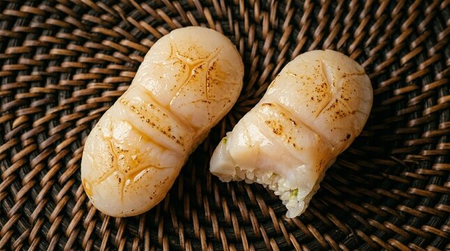 Hotate Scallop Nigiri Pair Overhead | Japanese Premium Sushi | Seafood Fine Dining Stock Photo