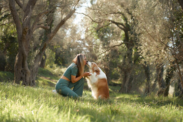 A woman kneels in the sunlit grass as her dog follows a command. The Border Collie attention reveals their close understanding. © Anna Averianova