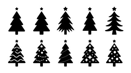 Obraz premium A graphic design featuring various Christmas trees with decorations and stars on a plain background