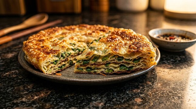 Cong You Bing Taiwanese Crispy Scallion Pancake Layers | Pan-Fried Flatbread | Asian Street Food Photo
