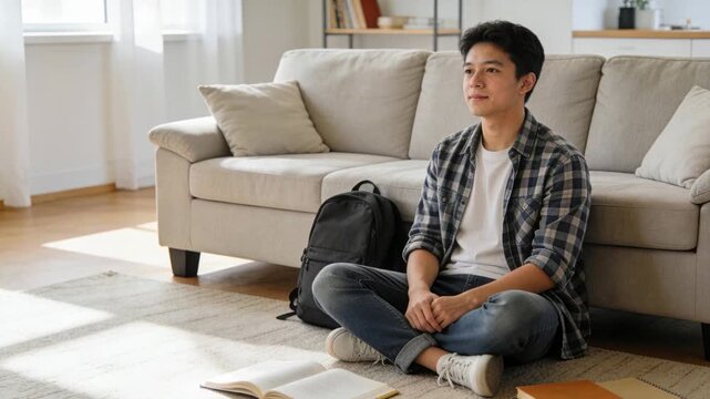 Reading Asian man in plaid shirt at home, window light drawing gaze to open book, backpack