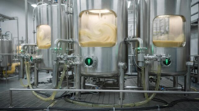 Medium shot of biobased resin fermentation vessels processing corn feedstock highlighting sustainable polymer innovation in sleek stainless steel tanks
