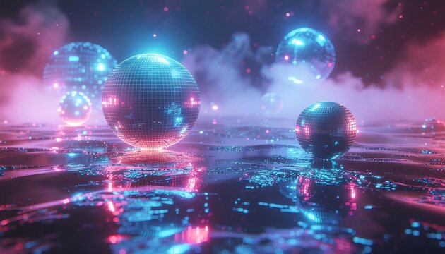 Glowing orbs floating on water surface.