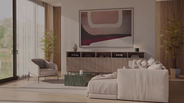 3d video rendering footage contemporary interior modern design. Stylish interior house movie clip