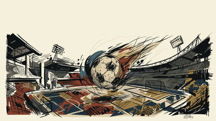 Soccer ball meteorite crashed into the middle of soccer stadium hand drawn childish style on cream background have blank space. © Wasitt